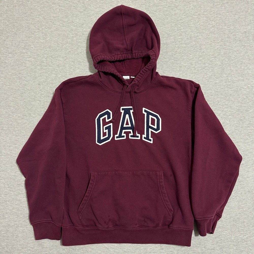 GAP Arch Logo Pullover Hoodie Long Sleeves Burgundy Maroon Mens Size Medium